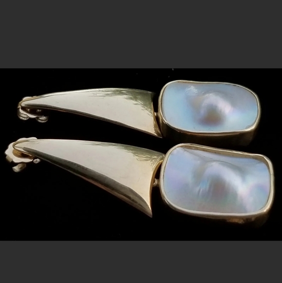 Earrings 14k Gold Blister Pearl Drop Vintage -Gemstone Earrings-Estate  9.6g - Picture 7 of 12